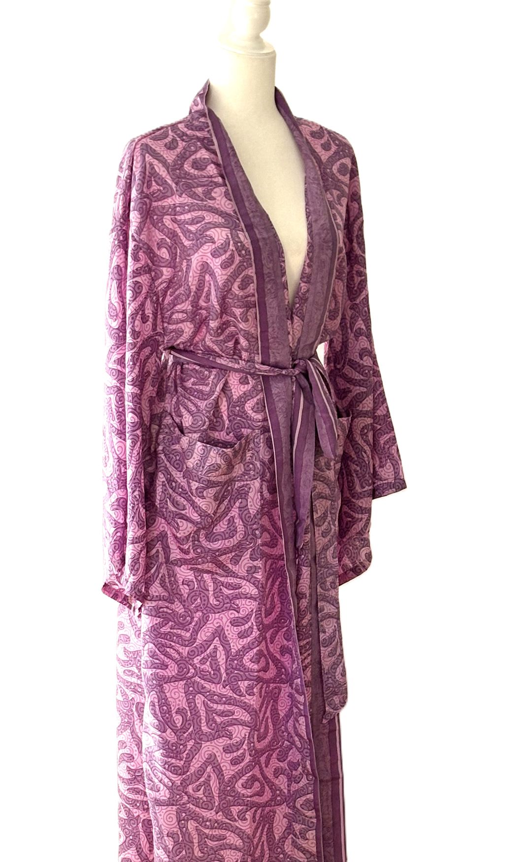 Long Silk Serenity Kimono Duster Is Striking In A Rich, Geometric Print (Lilac)