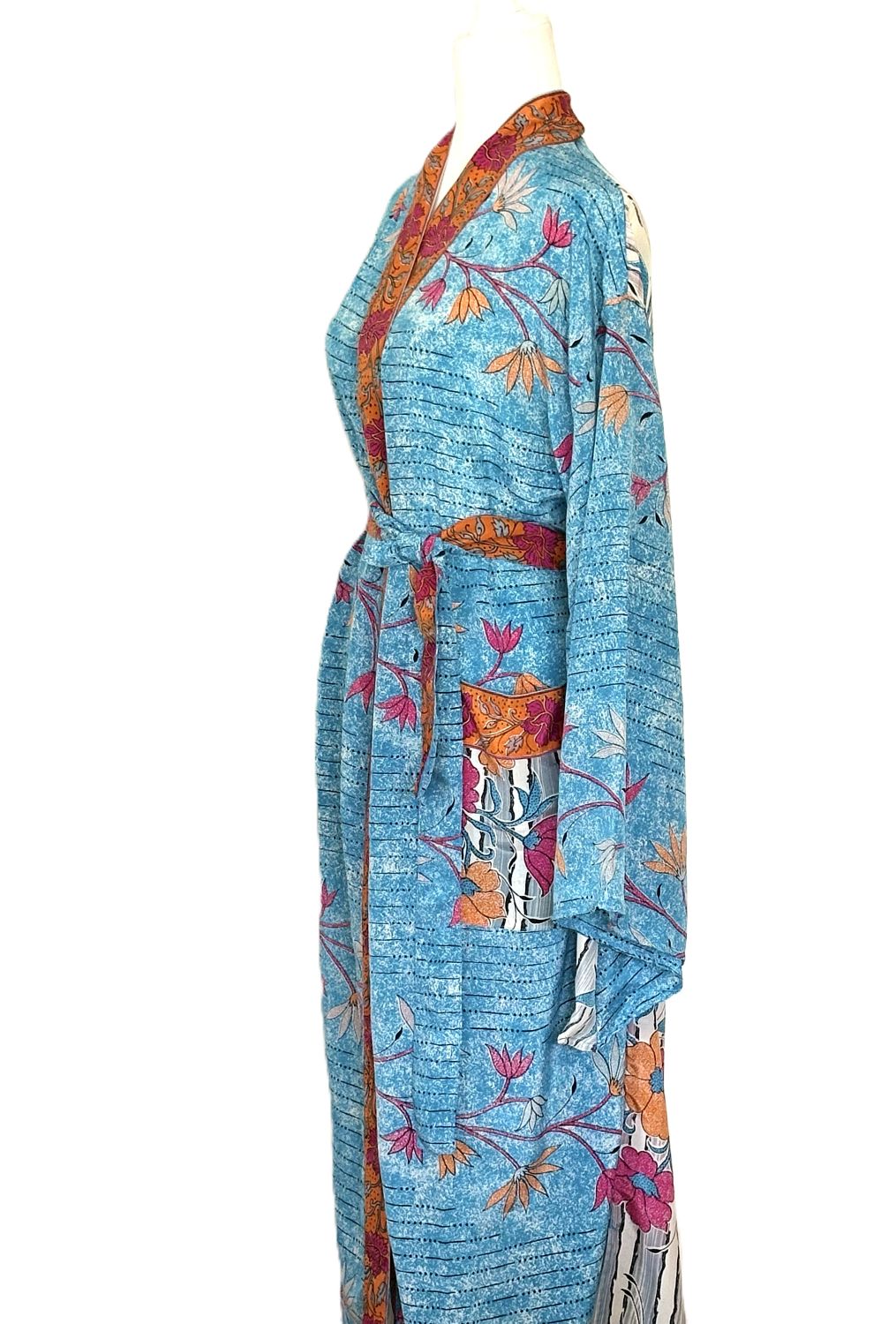 Long Silk Kimono Duster, Elegant Mixed Print With Contrasting Trim (Aqua)