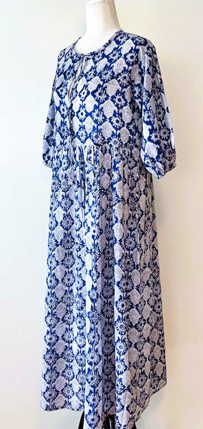 Cotton Block Print Midi Dress Looks Great In Royal And White Geometric Print