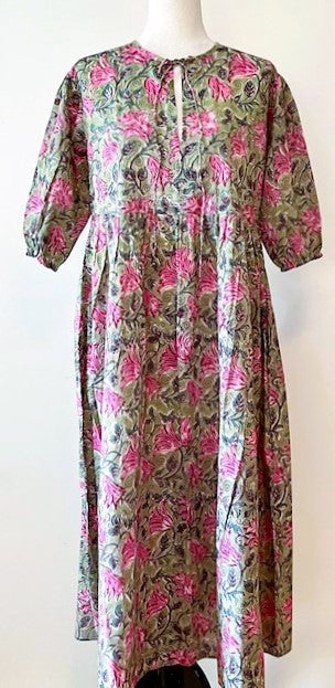 Cotton Block Print Midi Dress Is Delightful In Pink Florals