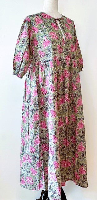 Cotton Block Print Midi Dress Is Delightful In Pink Florals