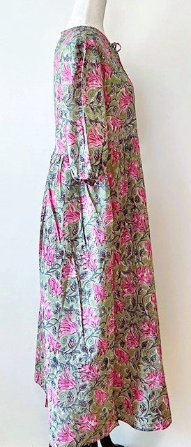 Cotton Block Print Midi Dress Is Delightful In Pink Florals