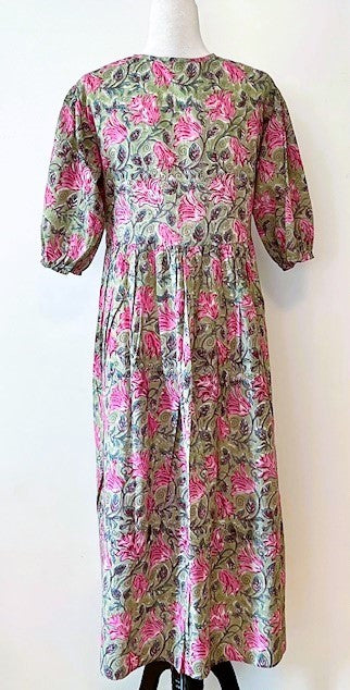 Cotton Block Print Midi Dress Is Delightful In Pink Florals