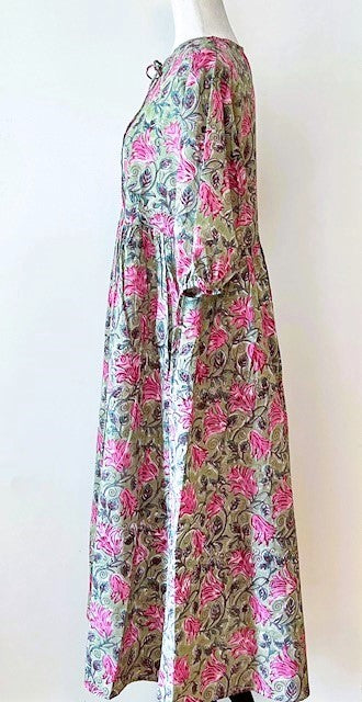 Cotton Block Print Midi Dress Is Delightful In Pink Florals