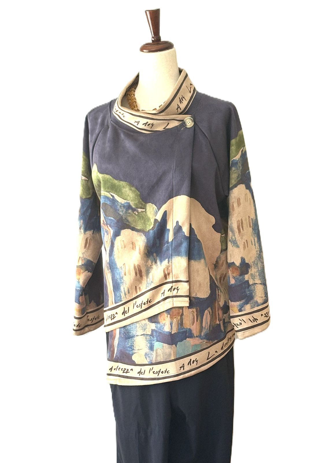 Italian Watercolor Landscape Suede Feel Envelop Cut Tunic. Brushed Polyester (Tan or Navy)