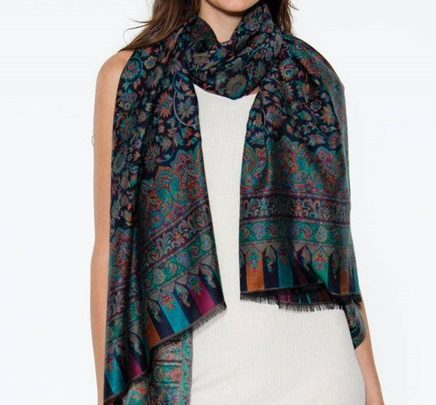 Jamevar Classic Lightweight Jewel Tone Shawl, Blue Multi