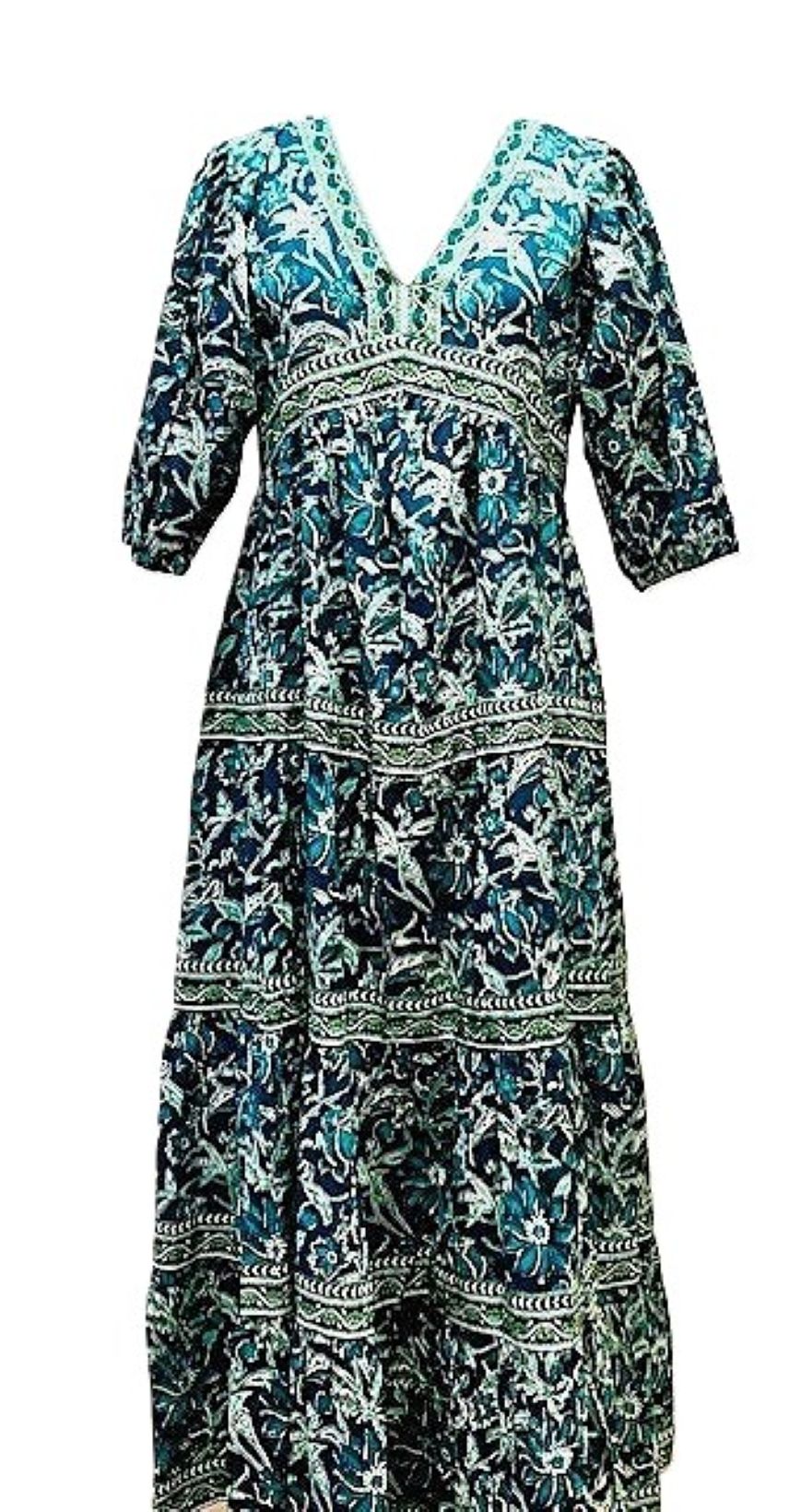 Exceptional Cotton Block Print Midi Dress (Green and Blue )