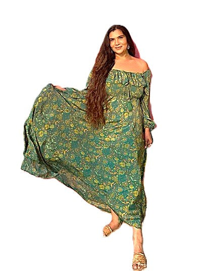 Maxi Silk Smocked Bodice Dress Is Elegant and Romantic. (Forest Green)