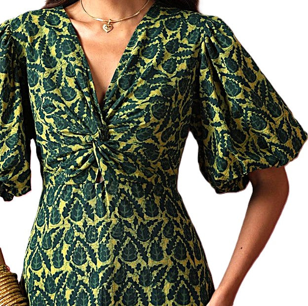 Sophisticated Block Print Maxi Dress In A Complex Print. (Green)