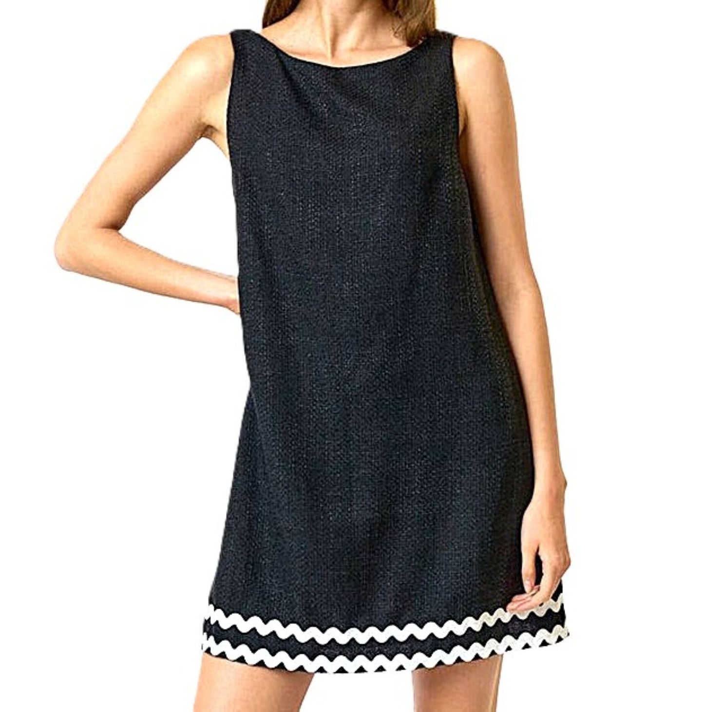 Scalloped Boat Neck Mini Dresss. Rick Rack Trim.