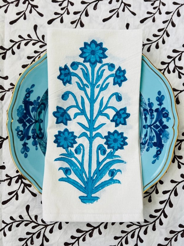 Luxe Dinner Napkins, Bloom Block Printed In Aqua. Striking