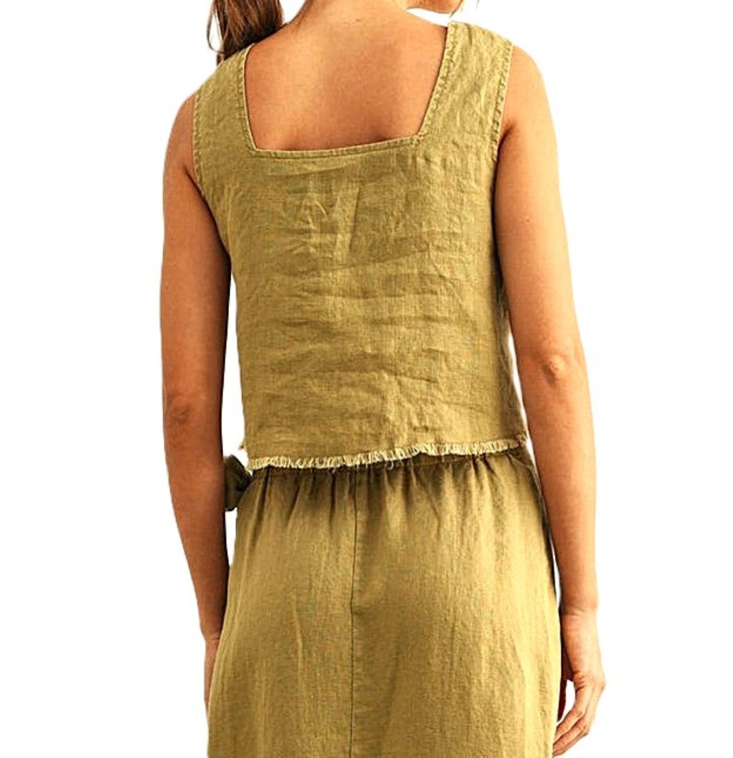 Skirt Sets, Raw Hem Linen Wrap With Short Sleeve Square Neck Top (Mustard)