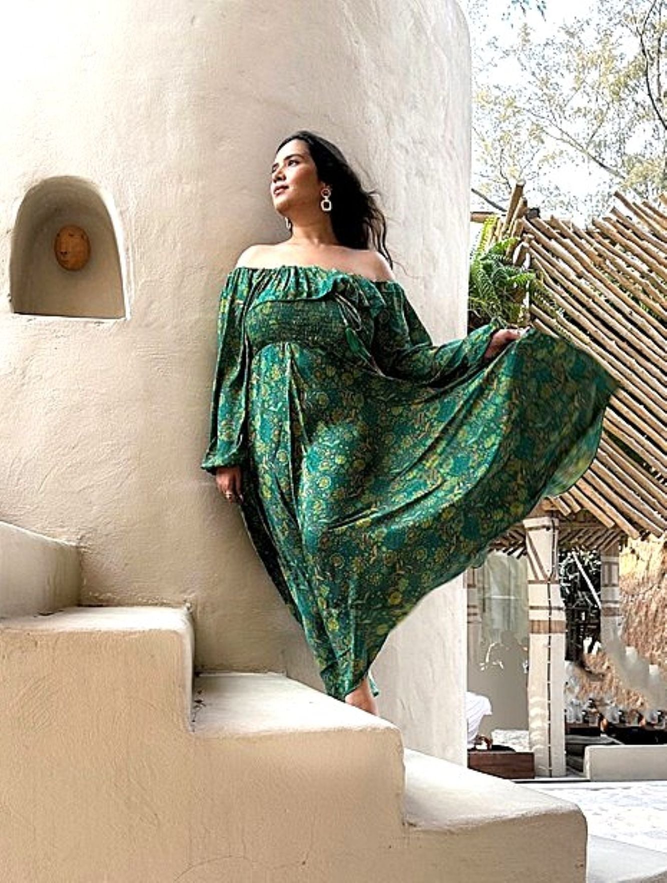 Maxi Silk Smocked Bodice Dress Is Elegant and Romantic. (Forest Green)