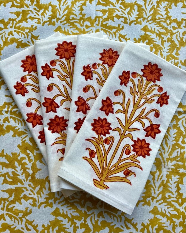 Luxe Dinner Napkins, Bloom Block Printed In Orange. Striking