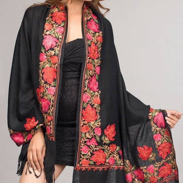 Taj Embroidered Wool Shawl. Embroidered Border. Black with Red