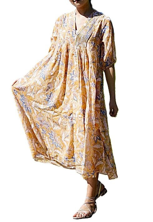Dresses: Midi Floral Block Print Is Appealing and Comfortable. (Bronze)