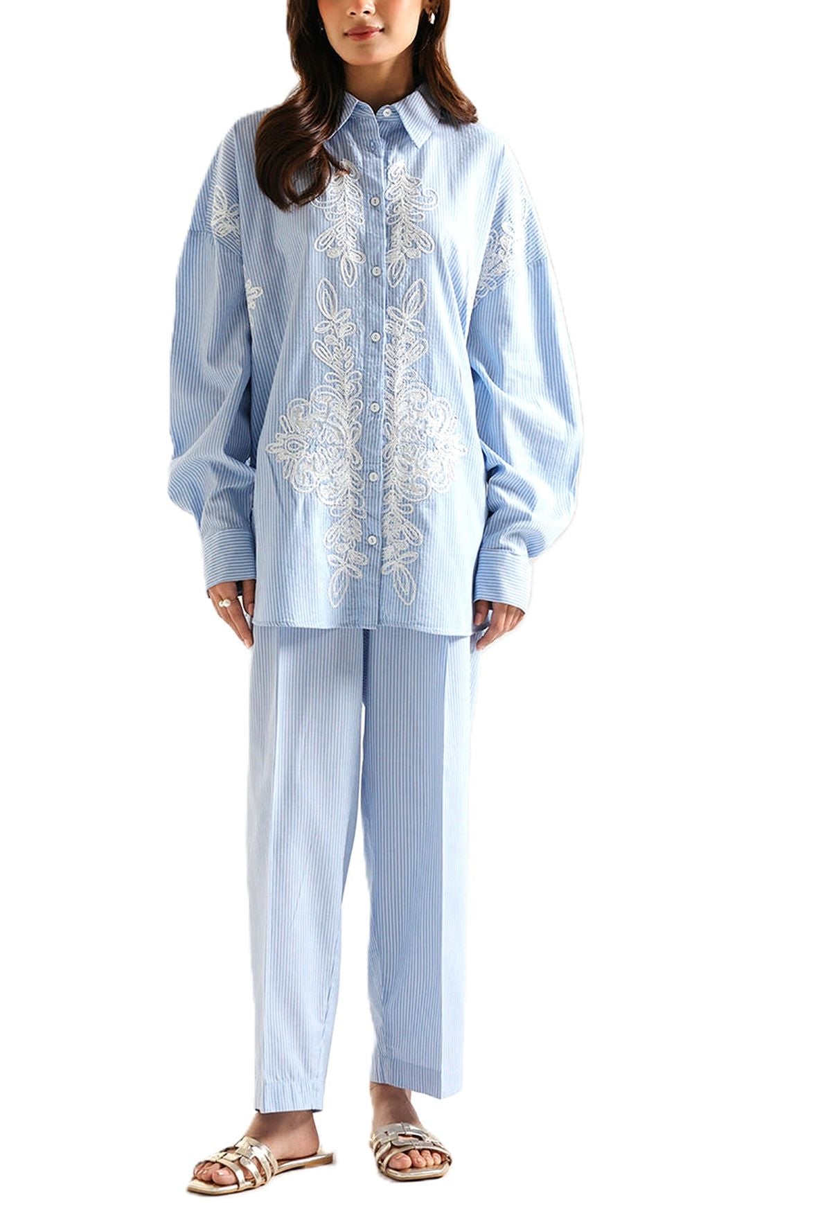 Embroidered Striped Pantsuit Is Cool and Comfortable. (Sky Blue)