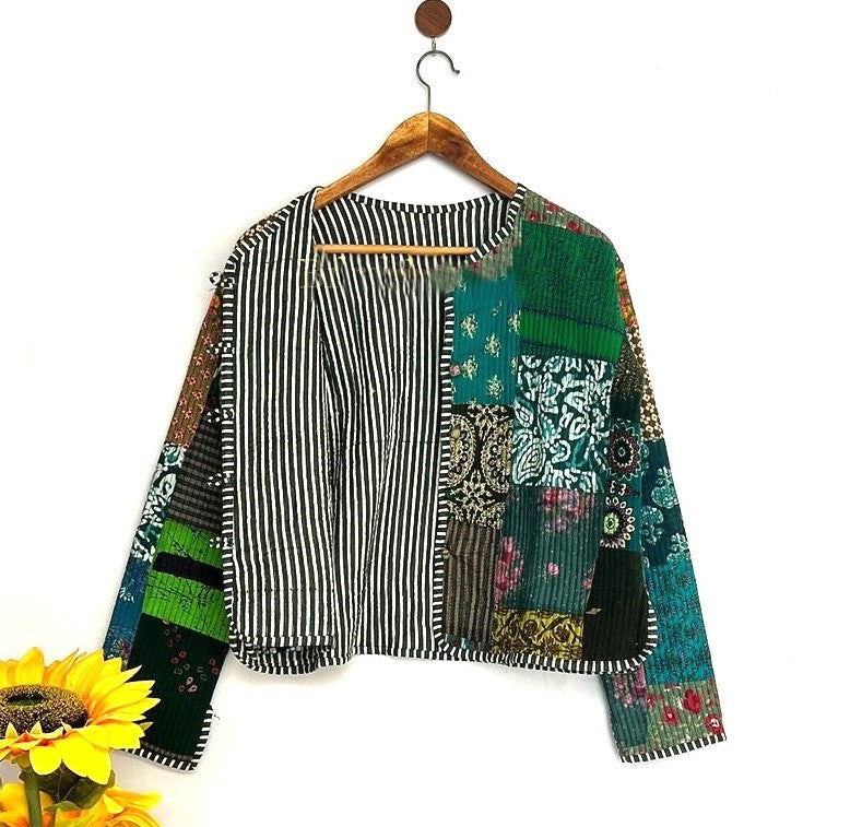 Reversible Cotton Quilted  Womens Jacket With Stripe Piping (Dark Green)