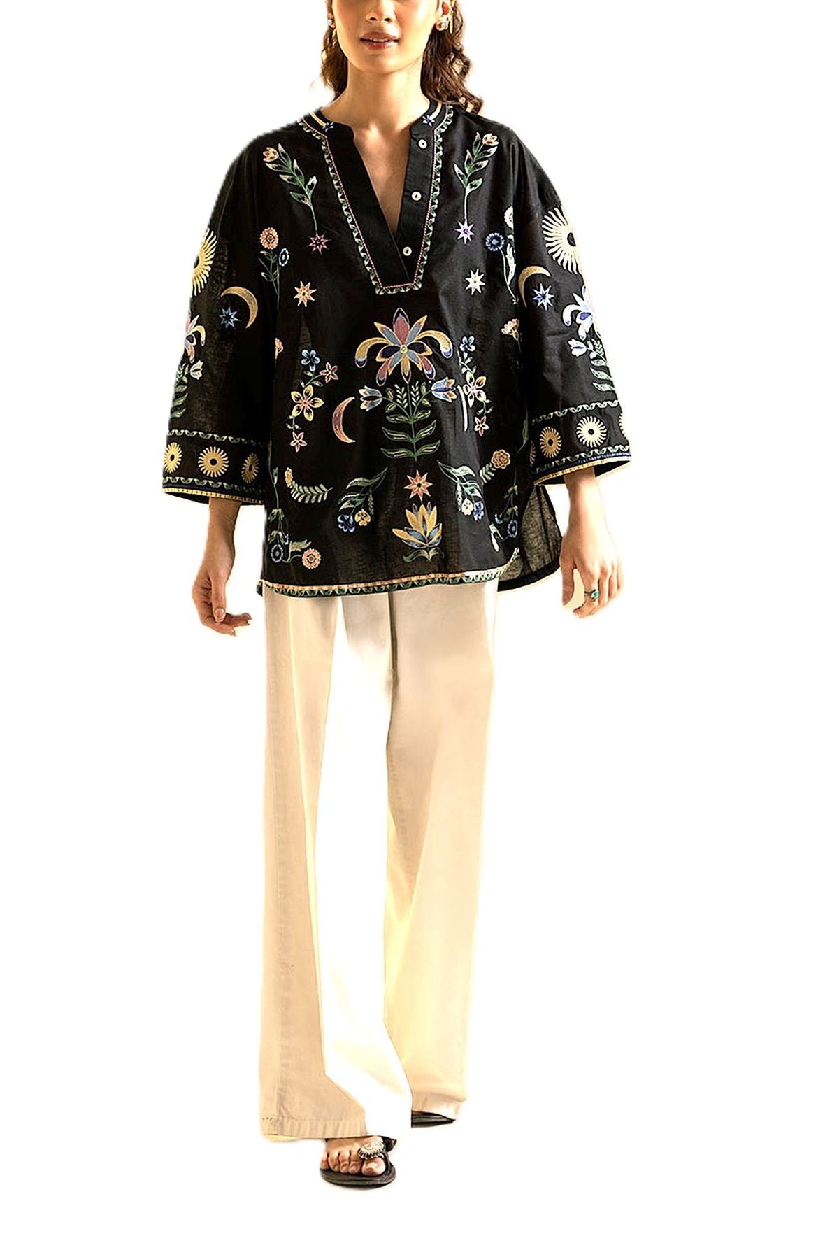 Specialty Collection: Boho Tunic Embroidered And Embellished With Celestrial Signs. (Black)