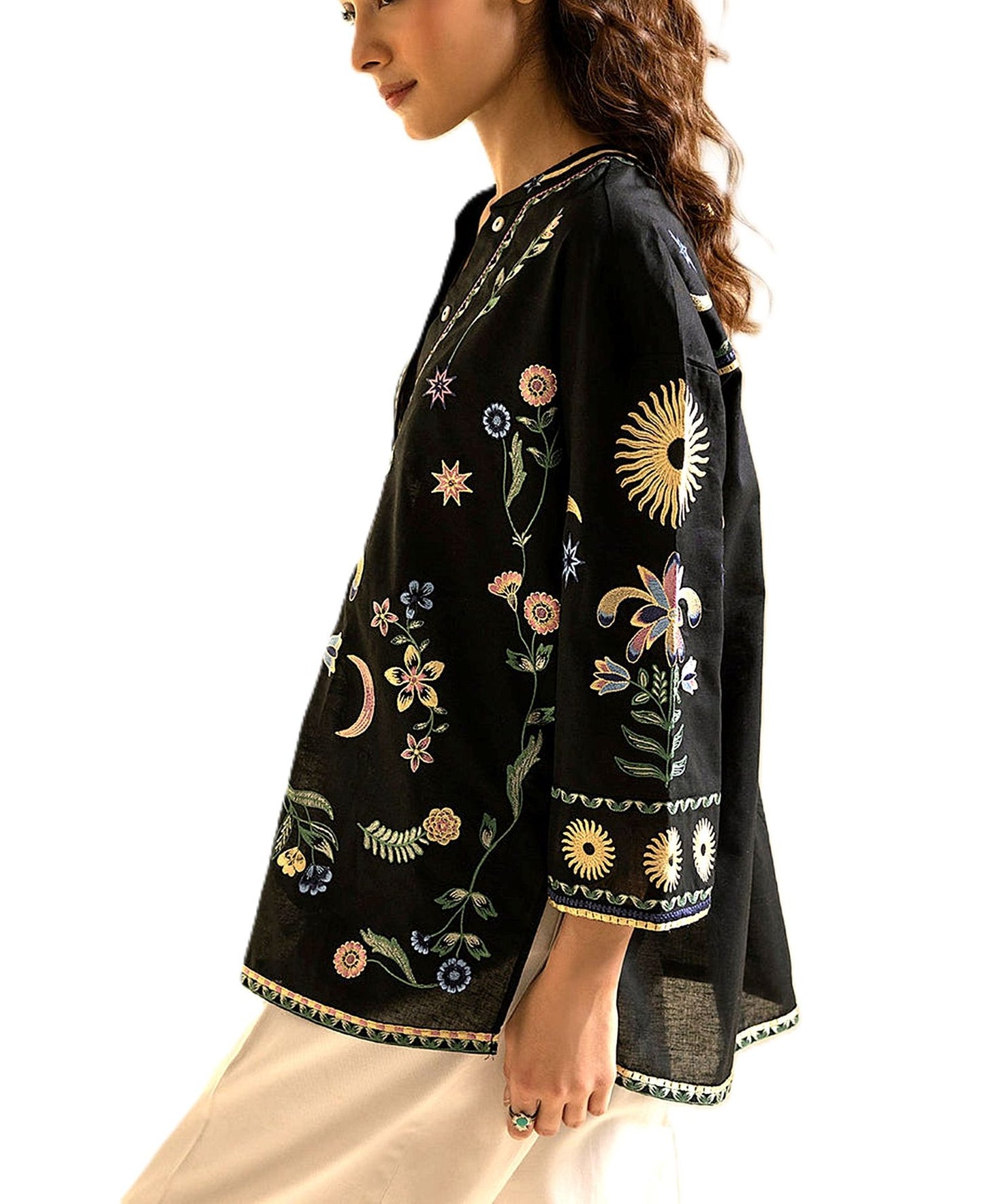 Specialty Collection: Boho Tunic Embroidered And Embellished With Celestrial Signs. (Black)