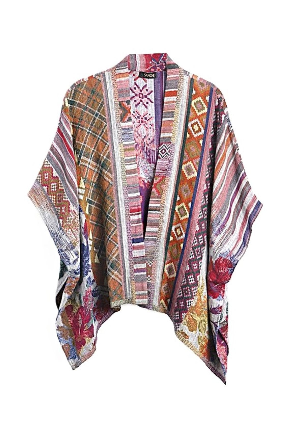 Jacket: Boho Inspired Floral Geometric Short Open Poncho. Contemporary Spin.