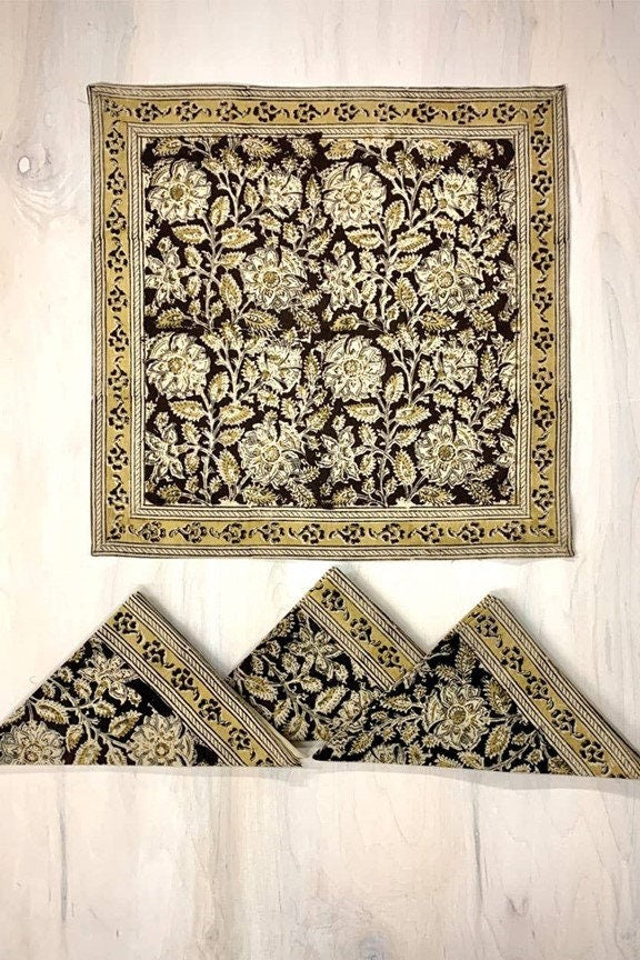 Dramatic Complex Print in Mustard and Black. (Runner, Napkins, Table Cloth)