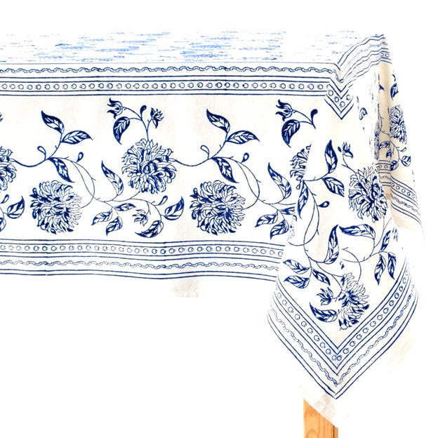 Fresh Floral Hand Block Print Table Cloth Set In White and Navy or Black and White. Stunning. (60 X 90)