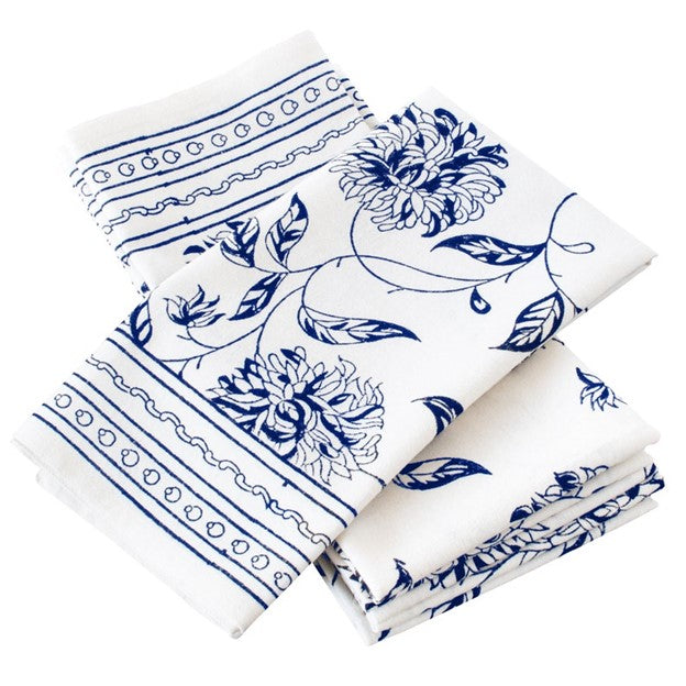 Fresh Floral Hand Block Print Table Cloth Set In White and Navy or Black and White. Stunning. (60 X 90)