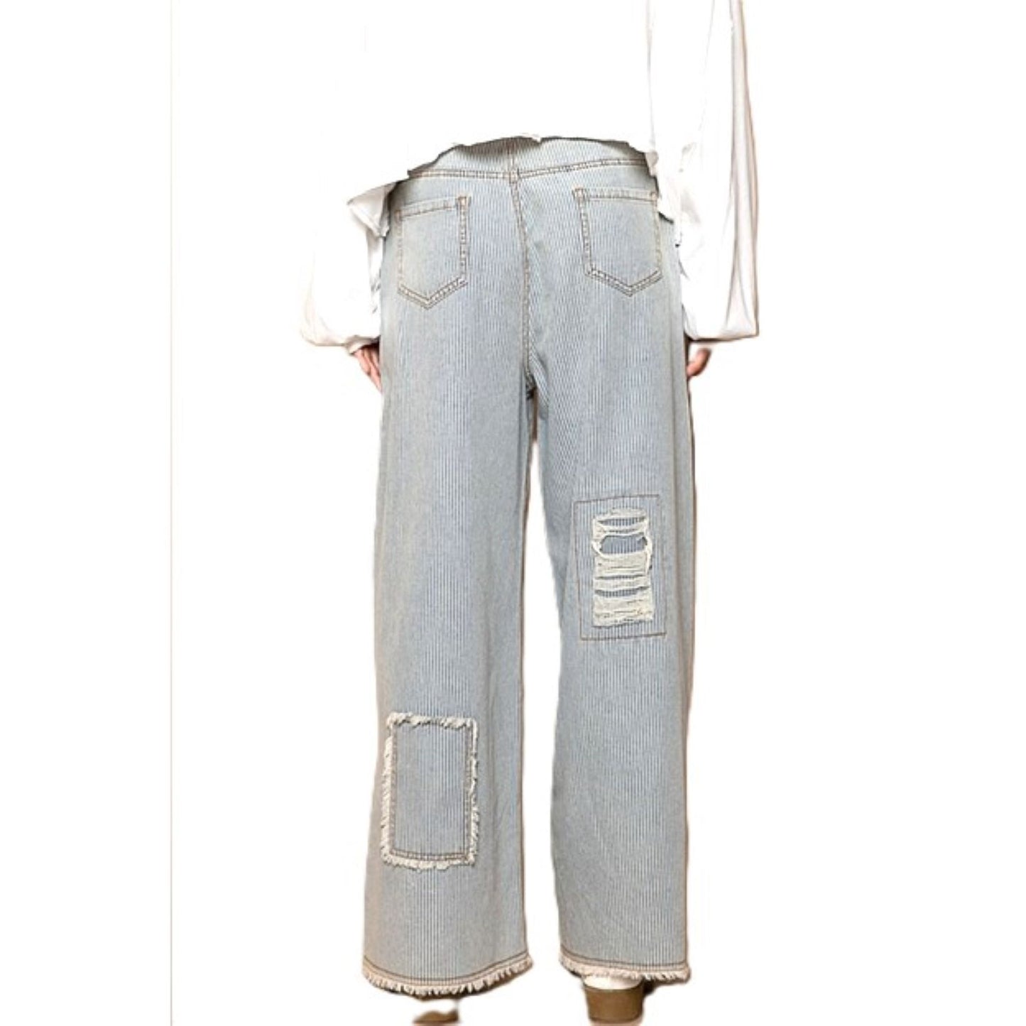 Distressed, Waist Stripe Denim Wide Pants. Best Seller.