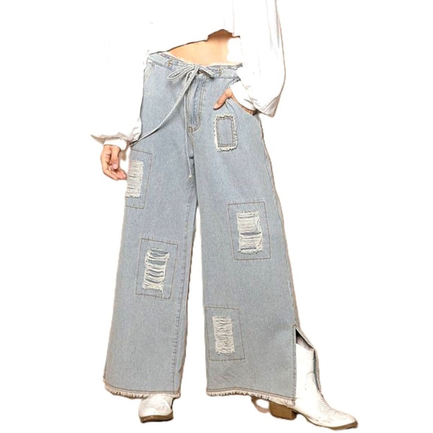 Distressed, Waist Stripe Denim Wide Pants. Best Seller.