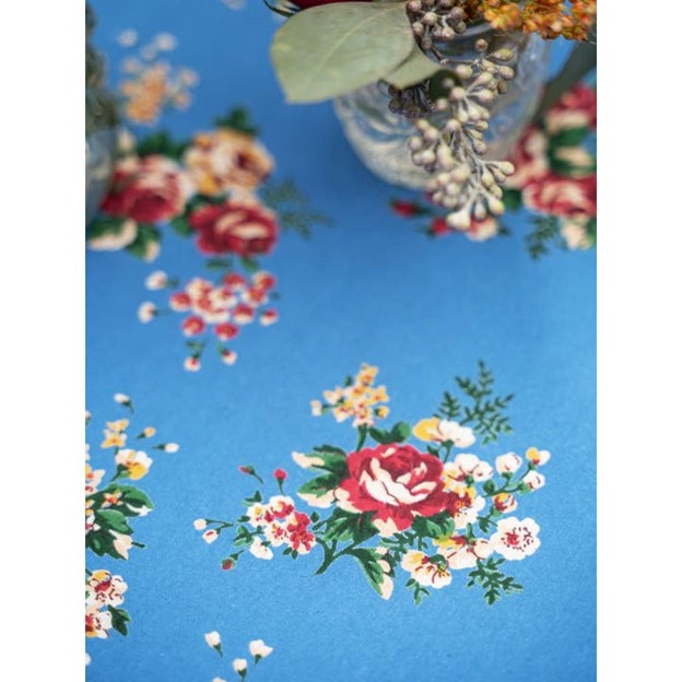 Dramatic Block Print Floral Tablecloth Is On Trend. Bold Deep French Blue.