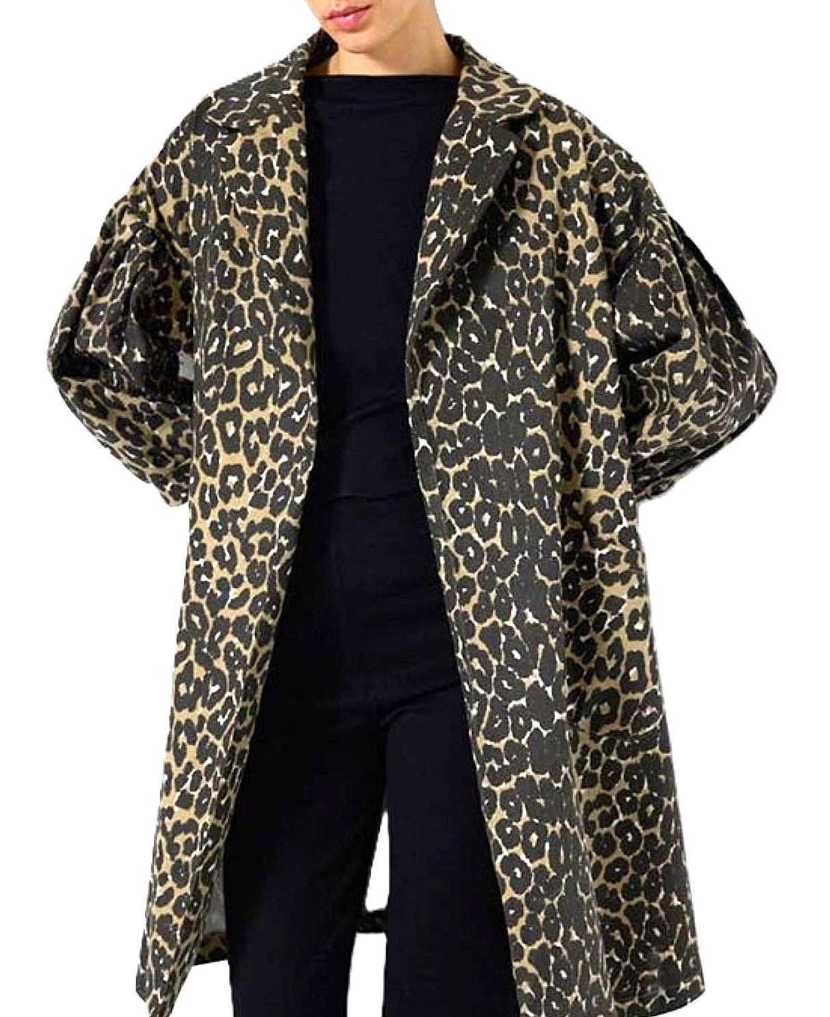 Leopard Print Balloon Sleeve Trench Coat. European Design.