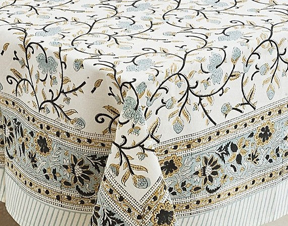 Beautiful Block Printed 100% Cotton Silver Floral Print. Tablecloth, Placemats & Napkins