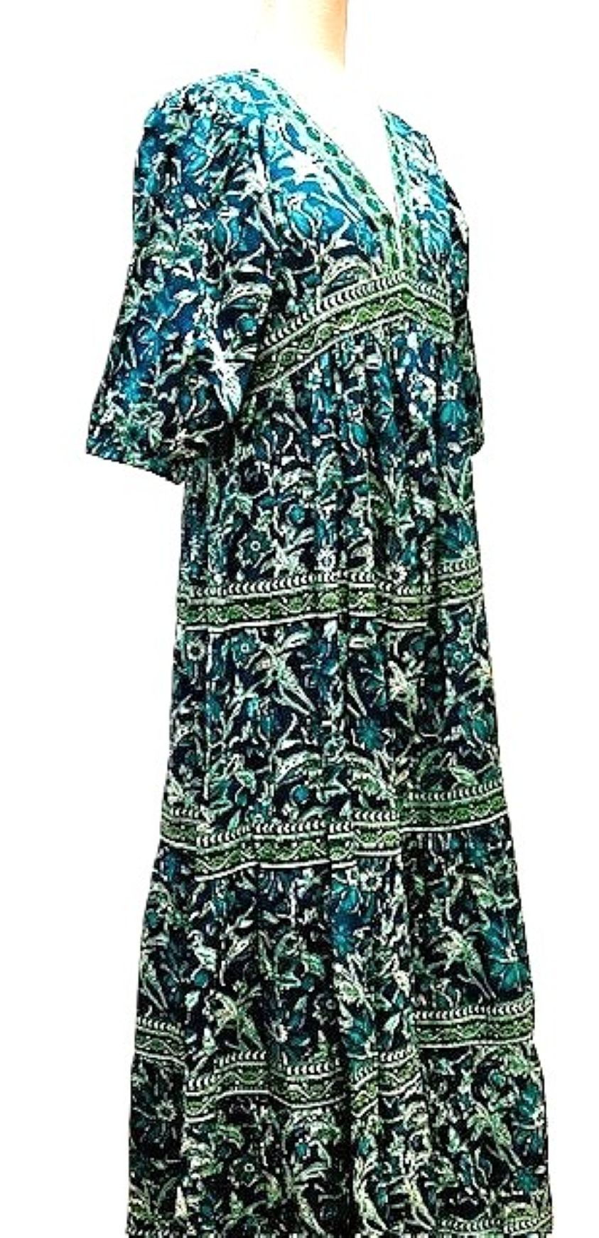 Exceptional Cotton Block Print Midi Dress (Green and Blue )