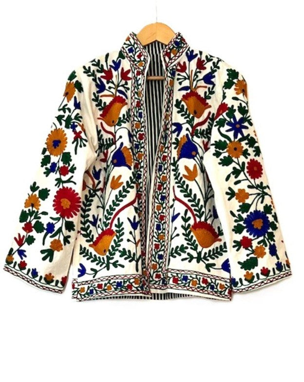 Wearable Art In This Hand Embroidered Short Jacket. (White Primary Colors)