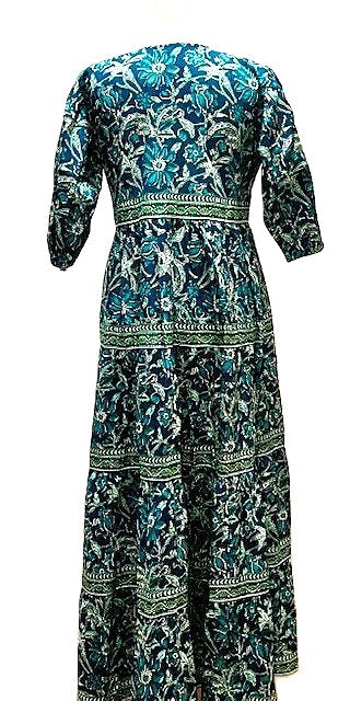 Exceptional Cotton Block Print Midi Dress (Green and Blue )