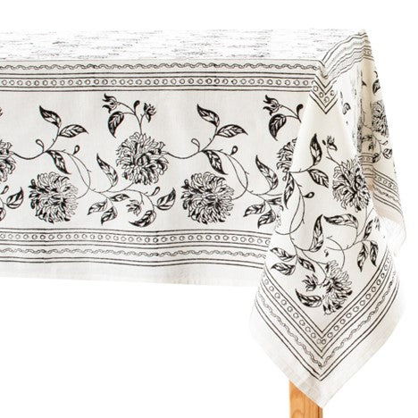Fresh Floral Hand Block Print Table Cloth Set In White and Navy or Black and White. Stunning. (60 X 90)