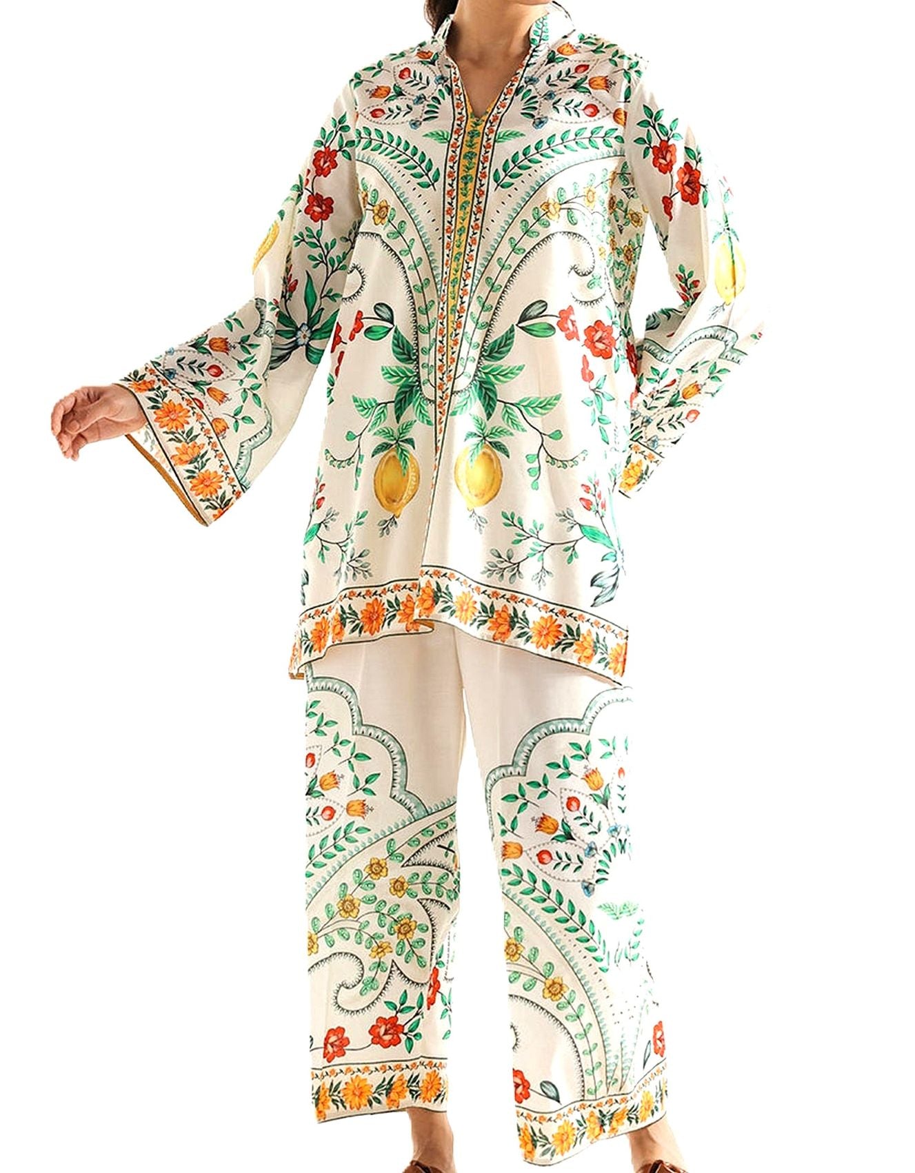 Standout Tunic Pants Set With Engineered Border Detailing. (Floral)
