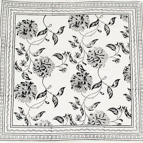 Fresh Floral Hand Block Print Table Cloth Set In White and Navy or Black and White. Stunning. (60 X 90)