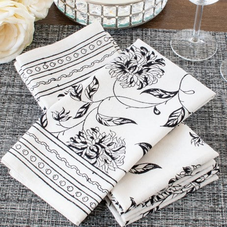 Fresh Floral Hand Block Print Table Cloth Set In White and Navy or Black and White. Stunning. (60 X 90)