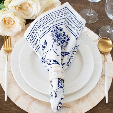 Fresh Floral Hand Block Print Table Cloth Set In White and Navy or Black and White. Stunning. (60 X 90)