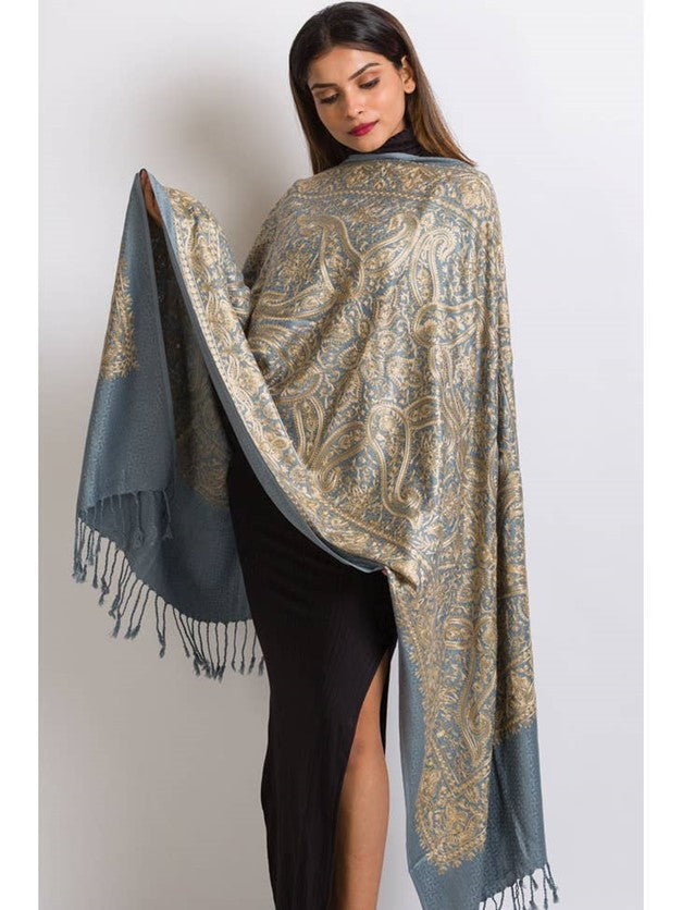 Embroidered Wool Shawl. Collector's shawl. (Pastel blue & Gold)