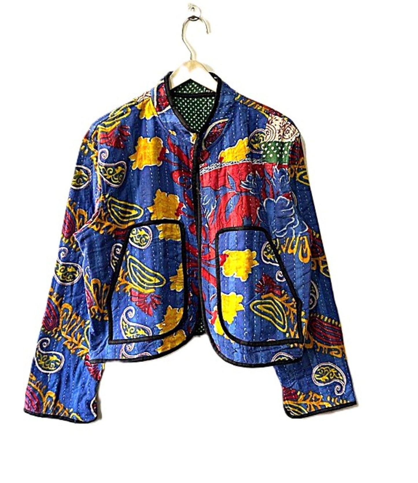 Specialty Collection: Quilted Hand Embroidered Short Jacket. Fully Reversible. (Royal)
