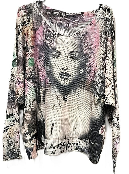 Italian Knit Sweater, Soft Pink Background With Bold Black and White (Marilyn)