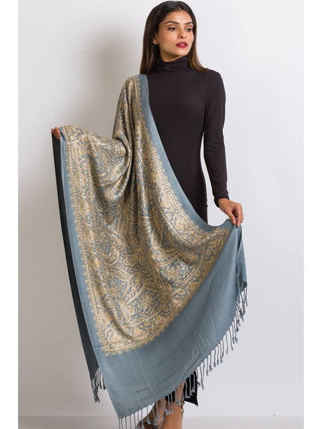Embroidered Wool Shawl. Collector's shawl. (Pastel blue & Gold)