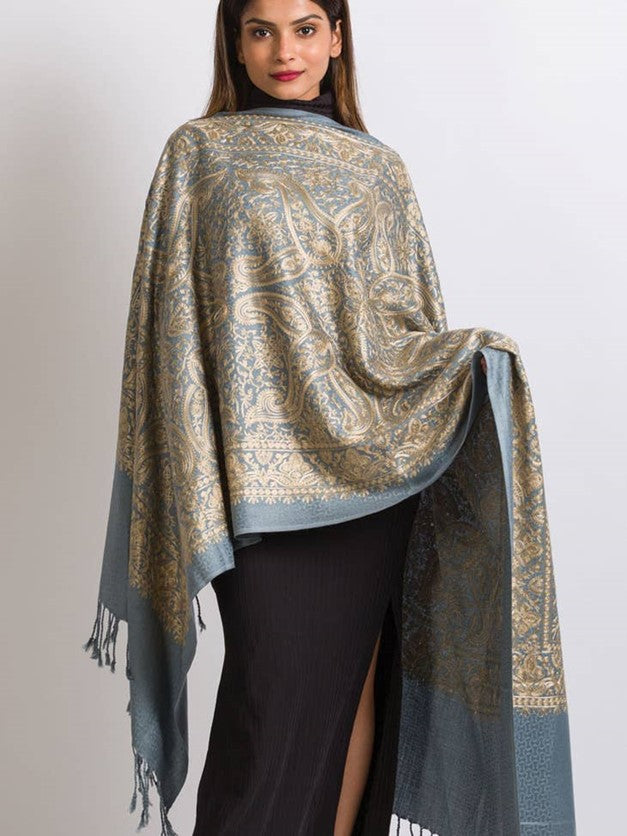 Embroidered Wool Shawl. Collector's shawl. (Pastel blue & Gold)