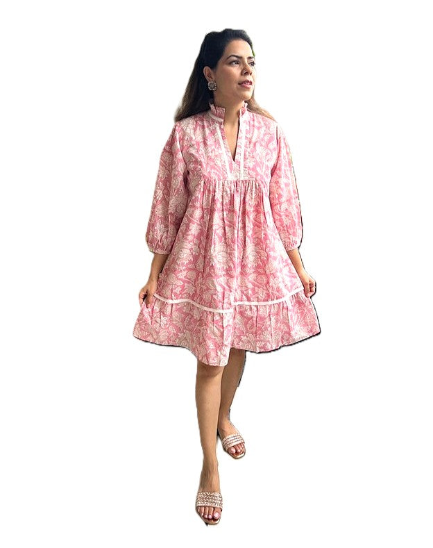 Hand Block Printed Knee Length Dress Frilled Collar (Pink)