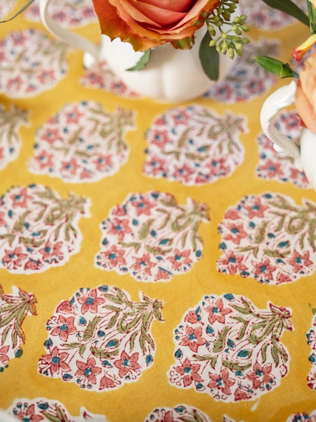 Hazel Block Print Floral Table Cloth Is Bright and Fresh (Gold and Pink)