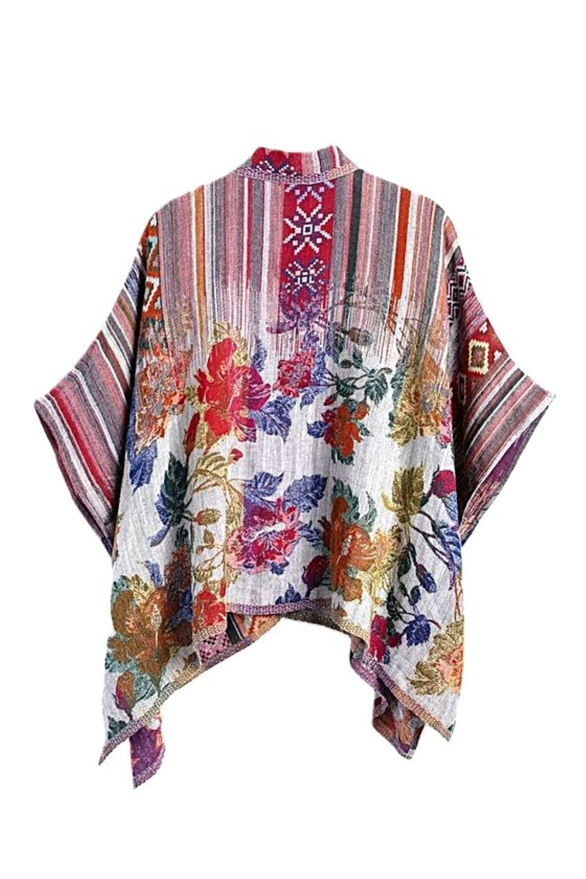 Jacket: Boho Inspired Floral Geometric Short Open Poncho. Contemporary Spin.