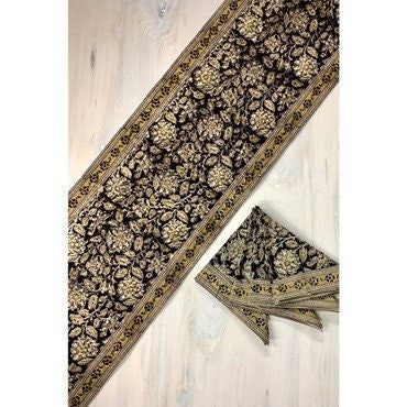 Dramatic Complex Print in Mustard and Black. (Runner, Napkins, Table Cloth)